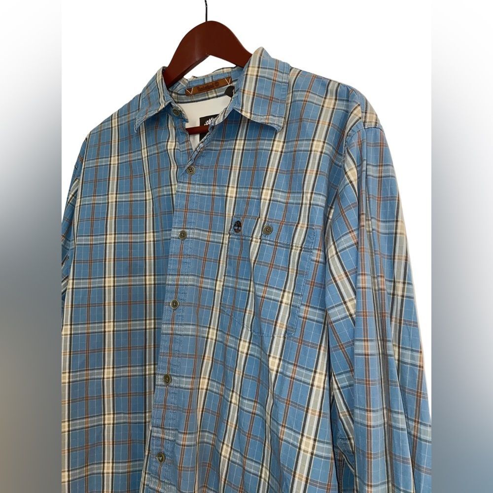 Timberland Plaid Button Down Shirt Blue Striped Mens Large Cotton Collared